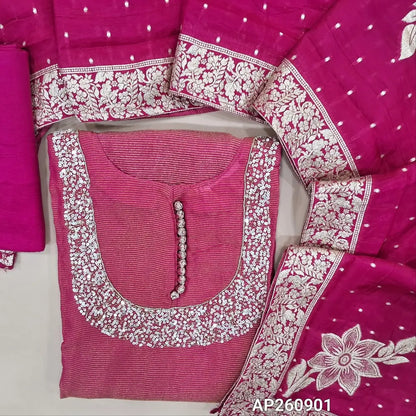 Designer pink tissue silk unstitched salwar material, (shiny, Lining Needed) rich sequins, bead work and polti button on yoke,gold zari lines all over,santoon bottom, weaving design on premium organza silk dupatta. AP260901