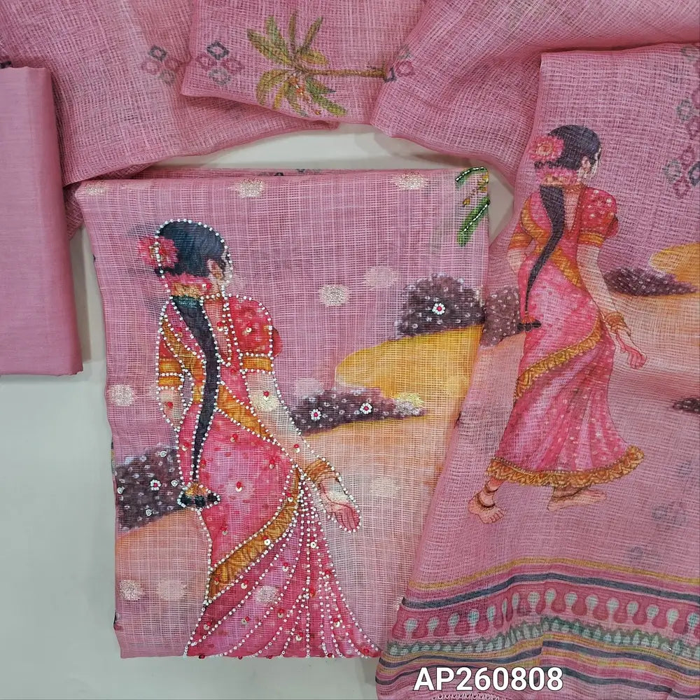 Pastel pink digital printed benarasi woven kota unstitched salwar material ( lining needed) sugar bead,pearl bead and sequins work on daman,zari buttas all over ,matching cotton bottom, digital printed banarasi woven kota dupatta with tassels. AP260808