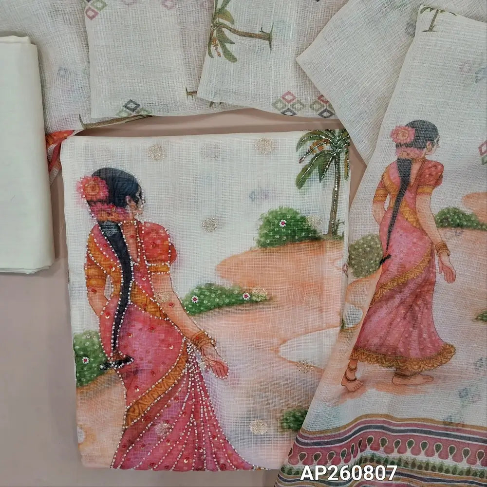 Half white digital printed benarasi woven kota unstitched salwar material ( lining needed) sugar bead,pearl bead and sequins work on daman,zari buttas all over ,matching cotton bottom, digital printed banarasi woven kota dupatta with tassels. AP260807