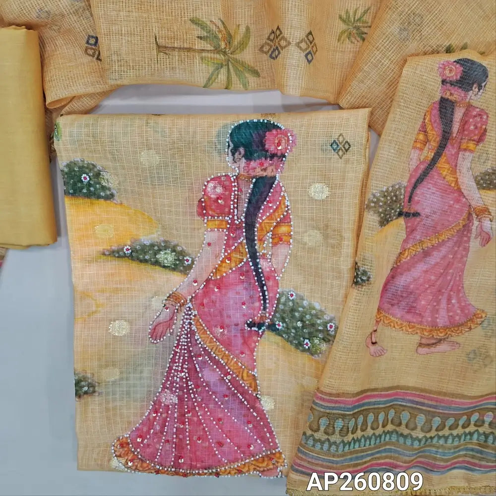 Sandal yellow digital printed banarasi woven kota unstitched salwar material ( lining needed) sugar bead,pearl bead and sequins work on daman,zari buttas all over ,matching cotton bottom, digital printed banarasi woven kota dupatta with tassels. AP260809