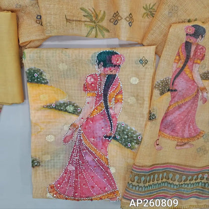 Sandal yellow digital printed banarasi woven kota unstitched salwar material ( lining needed) sugar bead,pearl bead and sequins work on daman,zari buttas all over ,matching cotton bottom, digital printed banarasi woven kota dupatta with tassels. AP260809