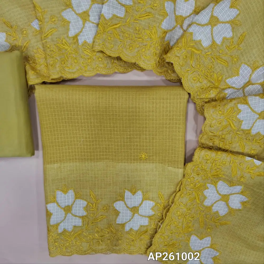 Mehandhi yellow kota unstitched salwar material,self embroidery on front,applique work and floral embroidery on daman(Lining Needed) matching silky fabric for both bottom and lining,applique work and floral embroidery on kota dupatta. AP261002