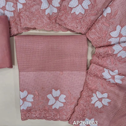 Light onion pink kota unstitched salwar material,self embroidery on front,applique work and floral embroidery on daman(Lining Needed) matching silky fabric for both bottom and lining,applique work and floral embroidery on kota dupatta. AP261003
