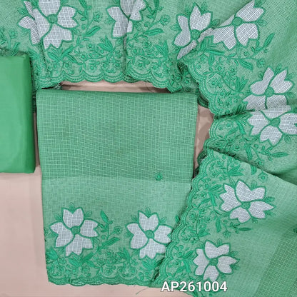 Turquoise green kota unstitched salwar material,self embroidery on front,applique work and floral embroidery on daman(Lining Needed) matching silky fabric for both bottom and lining,applique work and floral embroidery on kota dupatta. AP261004