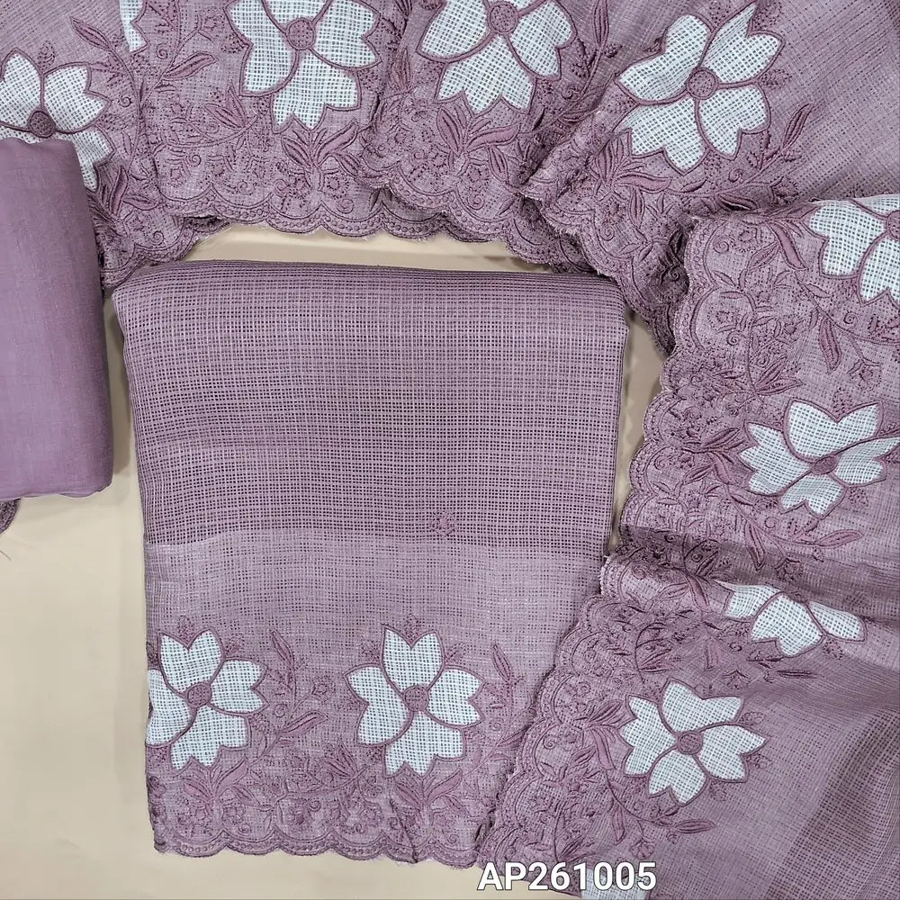 Mauve shade kota unstitched salwar material,self embroidery on front,applique work and floral embroidery on daman(Lining Needed) matching silky fabric for both bottom and lining,applique work and floral embroidery on kota dupatta. AP261005