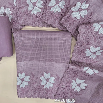 Mauve shade kota unstitched salwar material,self embroidery on front,applique work and floral embroidery on daman(Lining Needed) matching silky fabric for both bottom and lining,applique work and floral embroidery on kota dupatta. AP261005