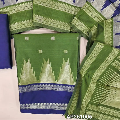 Leafy green silk cotton unstitched salwar material,temple weaving, buttas on front,borders on daman, (lining needed) royal blue silky bottom,buttas on soft silk cotton dupatta with borders and tissue pallu. AP261006
