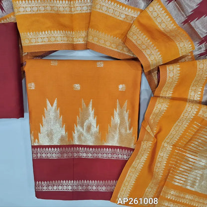 Orange silk cotton unstitched salwar material,temple weaving, buttas on front,borders on daman, (lining needed) reddish maroon silky bottom,buttas on soft silk cotton dupatta with borders and tissue pallu. AP261008