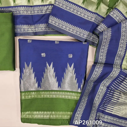Royal blue silk cotton unstitched salwar material,temple weaving, buttas on front,borders on daman, (lining needed) leafy green silky bottom,buttas on soft silk cotton dupatta with borders and tissue pallu. AP261009