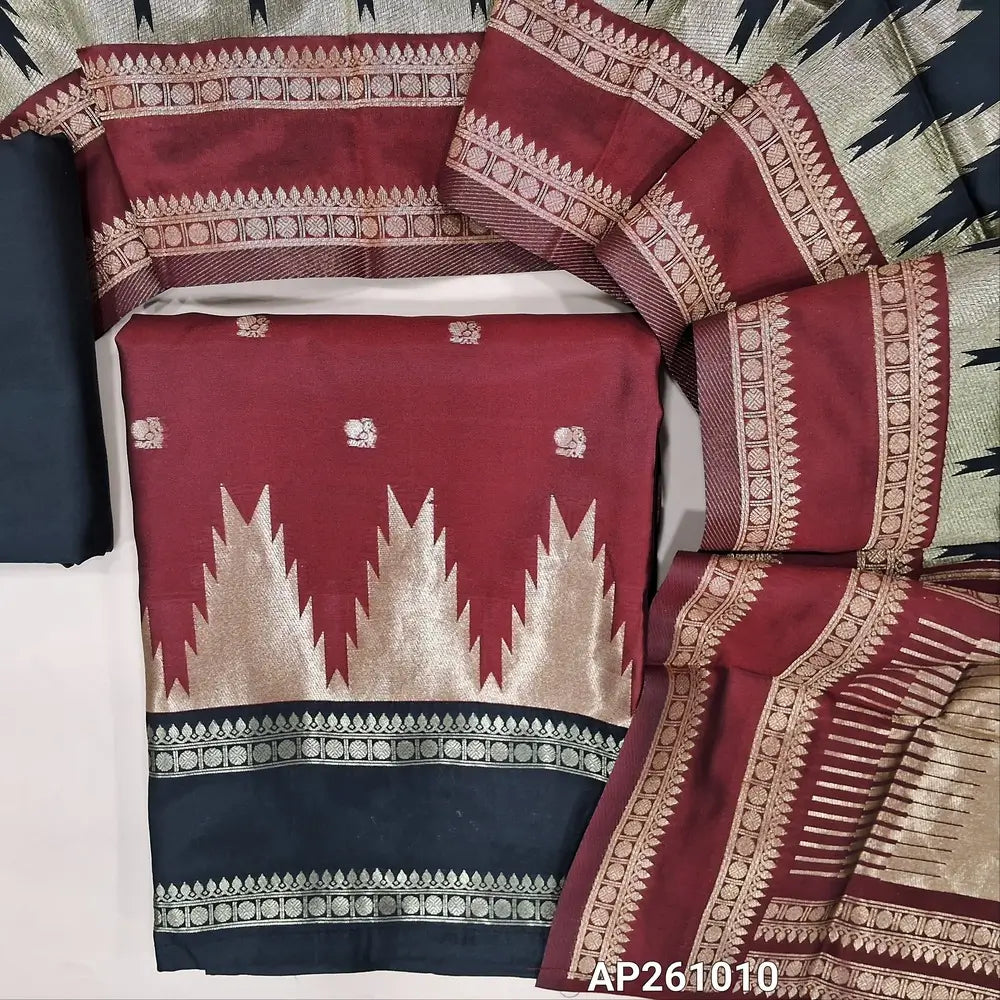 Maroon silk cotton unstitched salwar material,temple weaving, buttas on front,borders on daman, (lining needed) black silky bottom,buttas on soft silk cotton dupatta with borders and tissue pallu. AP261010