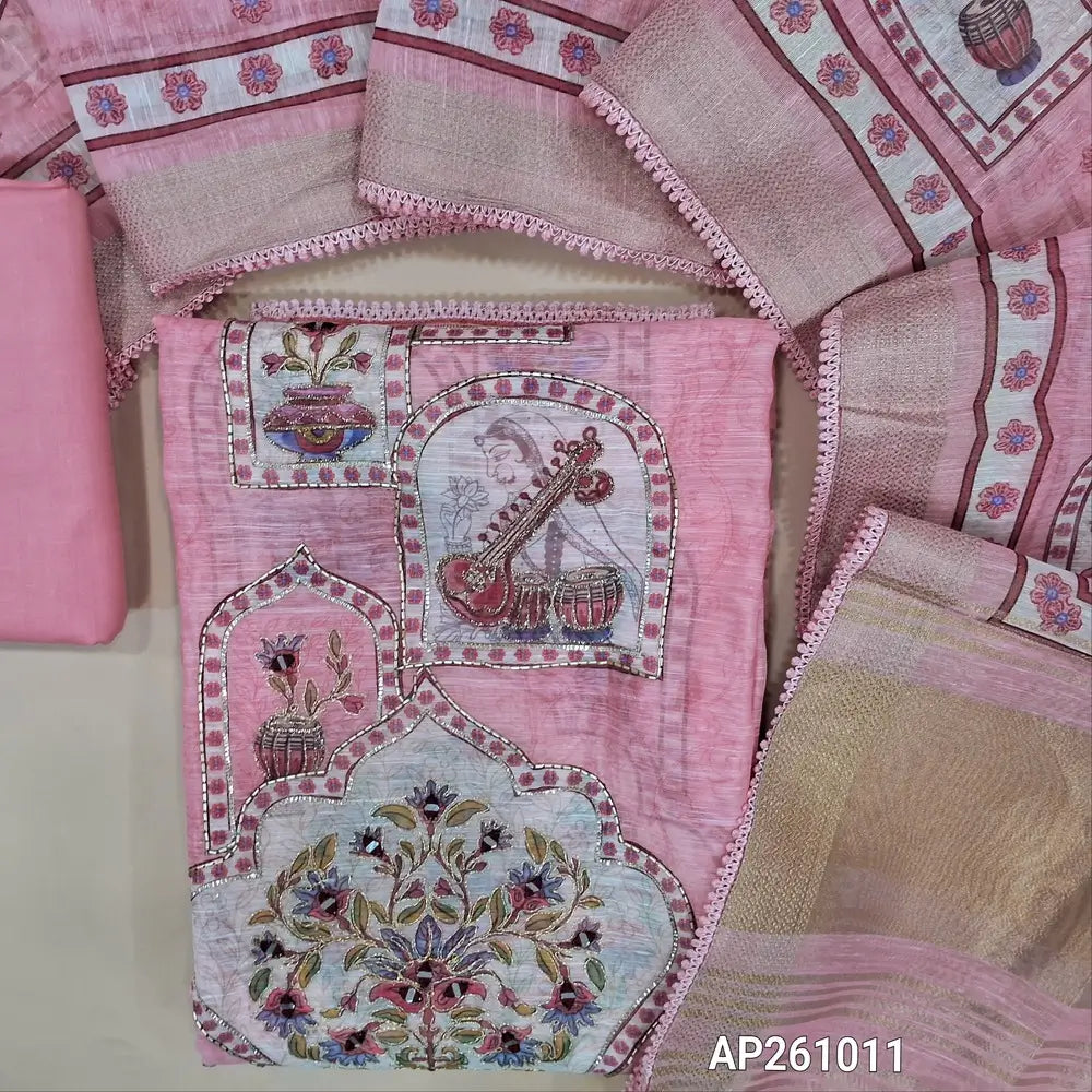 Pastel pink digital printed slub silk cotton unstitched salwar material,printed with bead, zari and real mirror work on front, gold tissue daman,( lining needed)cotton bottom, digital printed slub silk cotton dupatta with gold tissue pallu. AP261011