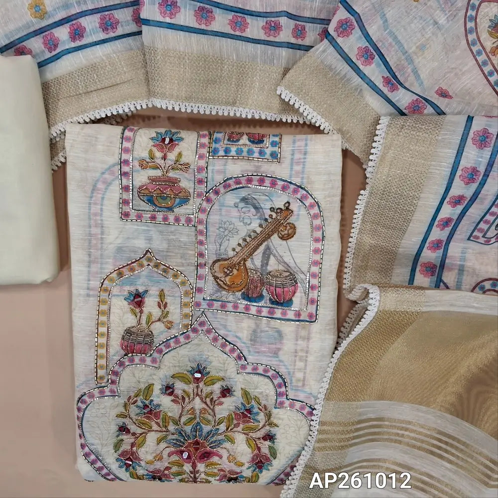 Off white digital printed slub silk cotton unstitched salwar material,printed with bead, zari and real mirror work on front, gold tissue daman,( lining needed)cotton bottom, digital printed slub silk cotton dupatta with gold tissue pallu. AP261012