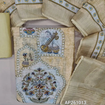 Rich beige digital printed slub silk cotton unstitched salwar material,printed with bead, zari and real mirror work on front, gold tissue daman,( lining needed)cotton bottom, digital printed slub silk cotton dupatta with gold tissue pallu. AP261013