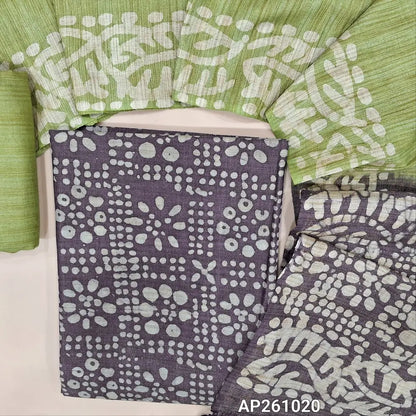 Dark blue original batik bagalpuri jute silk cotton unstitched salwar material(lining optional) light green batik dyed jute silk bottom, dual shaded original batik dyed jute silk dupatta. AP261020