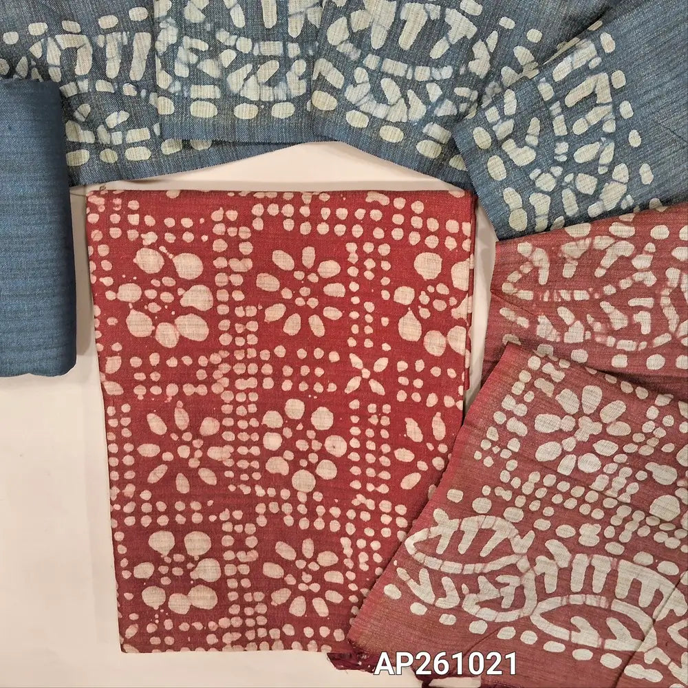 Dark maroon original batik bagalpuri jute silk cotton unstitched salwar material(lining optional) dark blue batik dyed jute silk bottom, dual shaded original batik dyed jute silk dupatta. AP261021