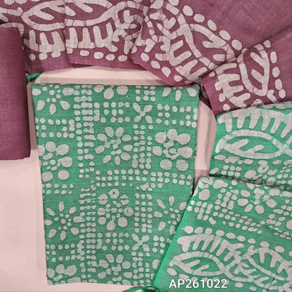 Teal green original batik bagalpuri jute silk cotton unstitched salwar material(lining optional) beetroot purple batik dyed jute silk bottom, dual shaded original batik dyed jute silk dupatta. AP261022
