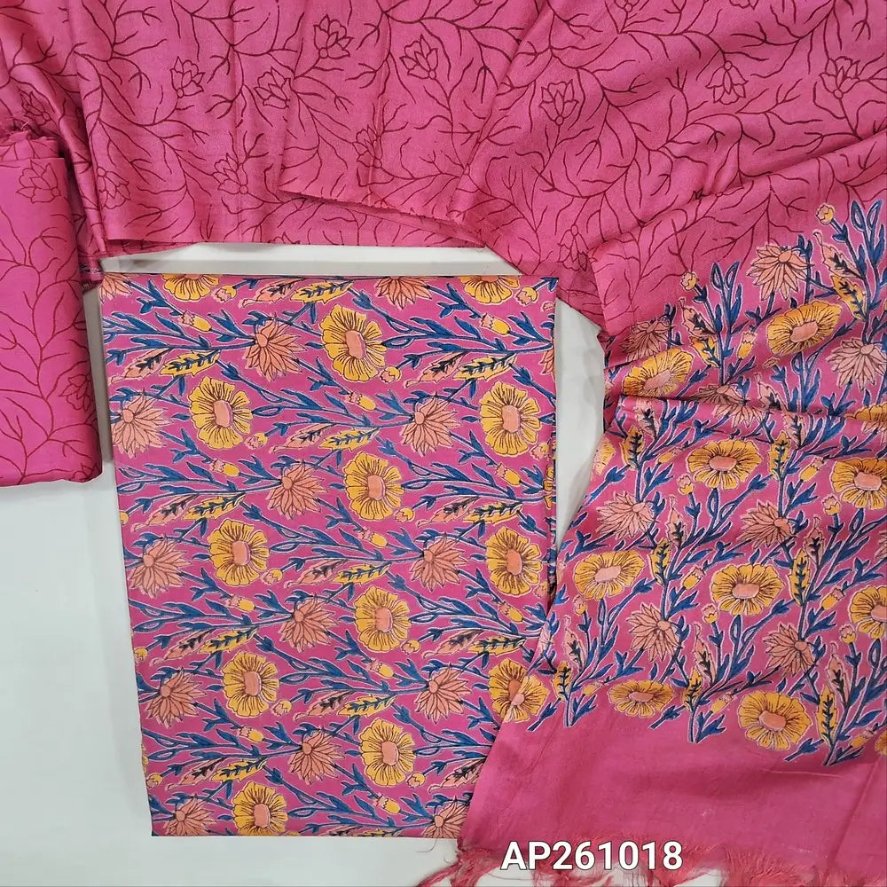 Bright pink floral printed bagalpuri silk unstitched salwar material( soft,lining needed) printed bagalpuri silk bottom,abstract printed bagalpuri silk dupatta with floral printed pallu. AP261018