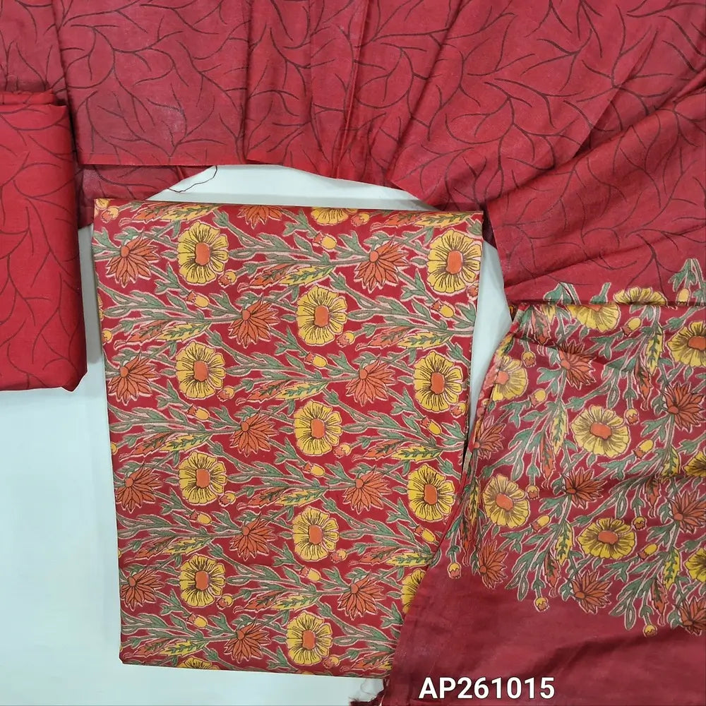 Red floral printed bagalpuri silk unstitched salwar material( soft,lining needed) printed bagalpuri silk bottom,abstract printed bagalpuri silk dupatta with floral printed pallu. AP261015