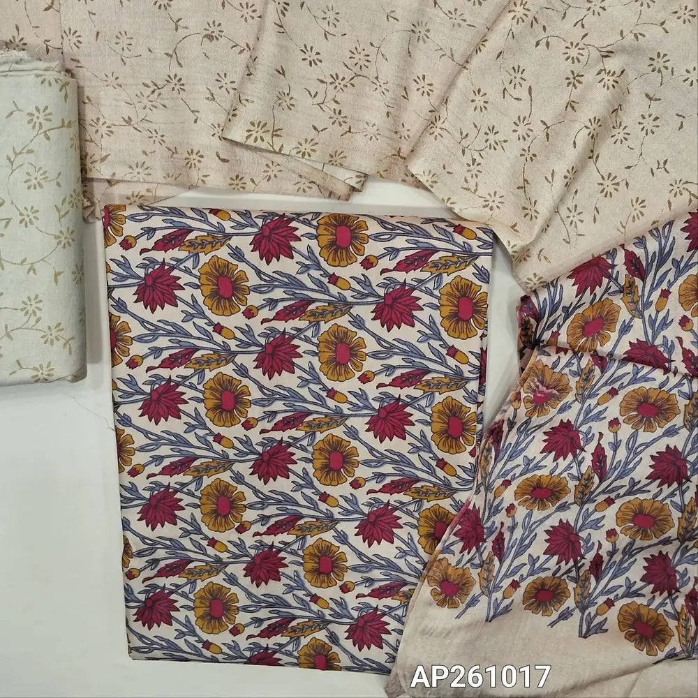 Beige floral printed bagalpuri silk unstitched salwar material( soft,lining needed) printed bagalpuri silk bottom,abstract printed bagalpuri silk dupatta with floral printed pallu. AP261017