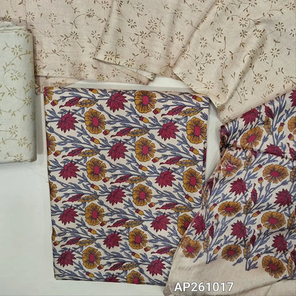 Beige floral printed bagalpuri silk unstitched salwar material( soft,lining needed) printed bagalpuri silk bottom,abstract printed bagalpuri silk dupatta with floral printed pallu. AP261017