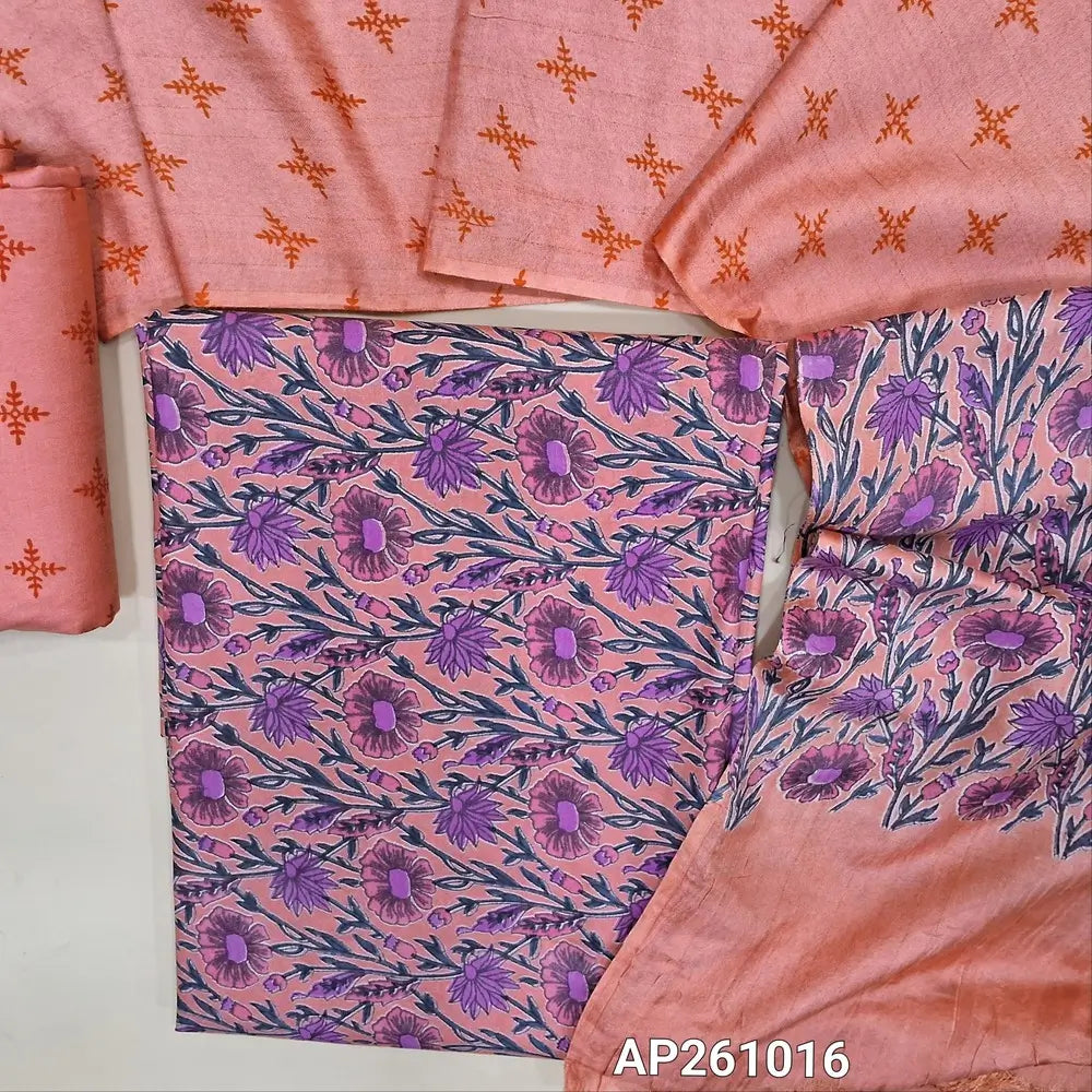 Pastel pink floral printed bagalpuri silk unstitched salwar material( soft,lining needed) printed bagalpuri silk bottom,abstract printed bagalpuri silk dupatta with floral printed pallu. AP261016