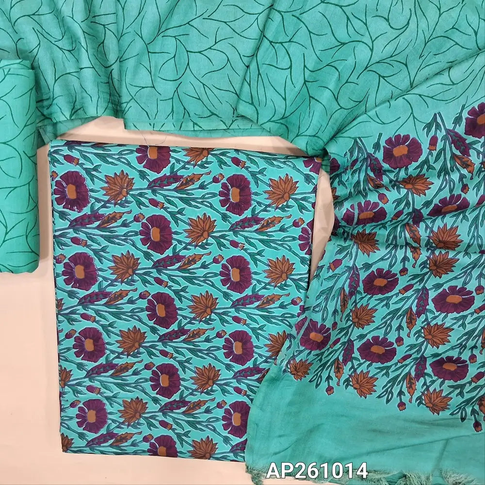 Pastel blue floral printed bagalpuri silk unstitched salwar material( soft,lining needed) printed bagalpuri silk bottom,abstract printed bagalpuri silk dupatta with floral printed pallu. AP261014