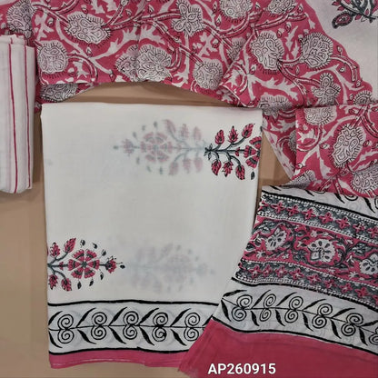 White & pink hand block printed pure mul cotton unstitched salwar material, (lining needed) handblock printed cotton bottom,block printed full length mul cotton dupatta.(TAPINGS NEEDED, INCONSISTENT PRINTS ARE NOT DEFECTS) AP260915