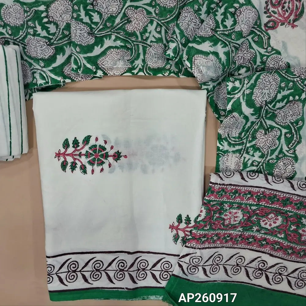 White & turquoise green hand block printed pure mul cotton unstitched salwar material, (lining needed) handblock printed cotton bottom,block printed full length mul cotton dupatta.(TAPINGS NEEDED, INCONSISTENT PRINTS ARE NOT DEFECTS) AP260917