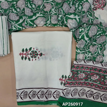 White & turquoise green hand block printed pure mul cotton unstitched salwar material, (lining needed) handblock printed cotton bottom,block printed full length mul cotton dupatta.(TAPINGS NEEDED, INCONSISTENT PRINTS ARE NOT DEFECTS) AP260917