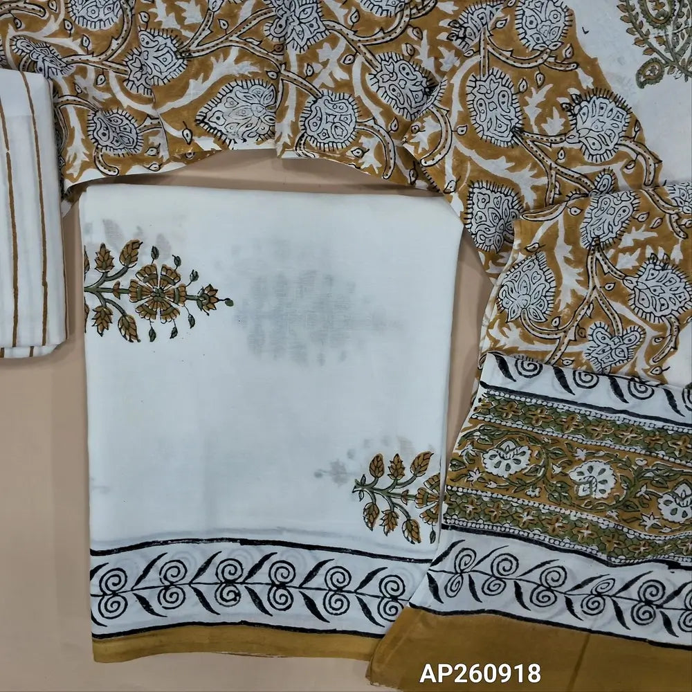 White & beige hand block printed pure mul cotton unstitched salwar material, (lining needed) handblock printed cotton bottom,block printed full length mul cotton dupatta.(TAPINGS NEEDED, INCONSISTENT PRINTS ARE NOT DEFECTS) AP260918