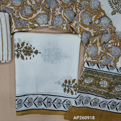 White & beige hand block printed pure mul cotton unstitched salwar material, (lining needed) handblock printed cotton bottom,block printed full length mul cotton dupatta.(TAPINGS NEEDED, INCONSISTENT PRINTS ARE NOT DEFECTS) AP260918