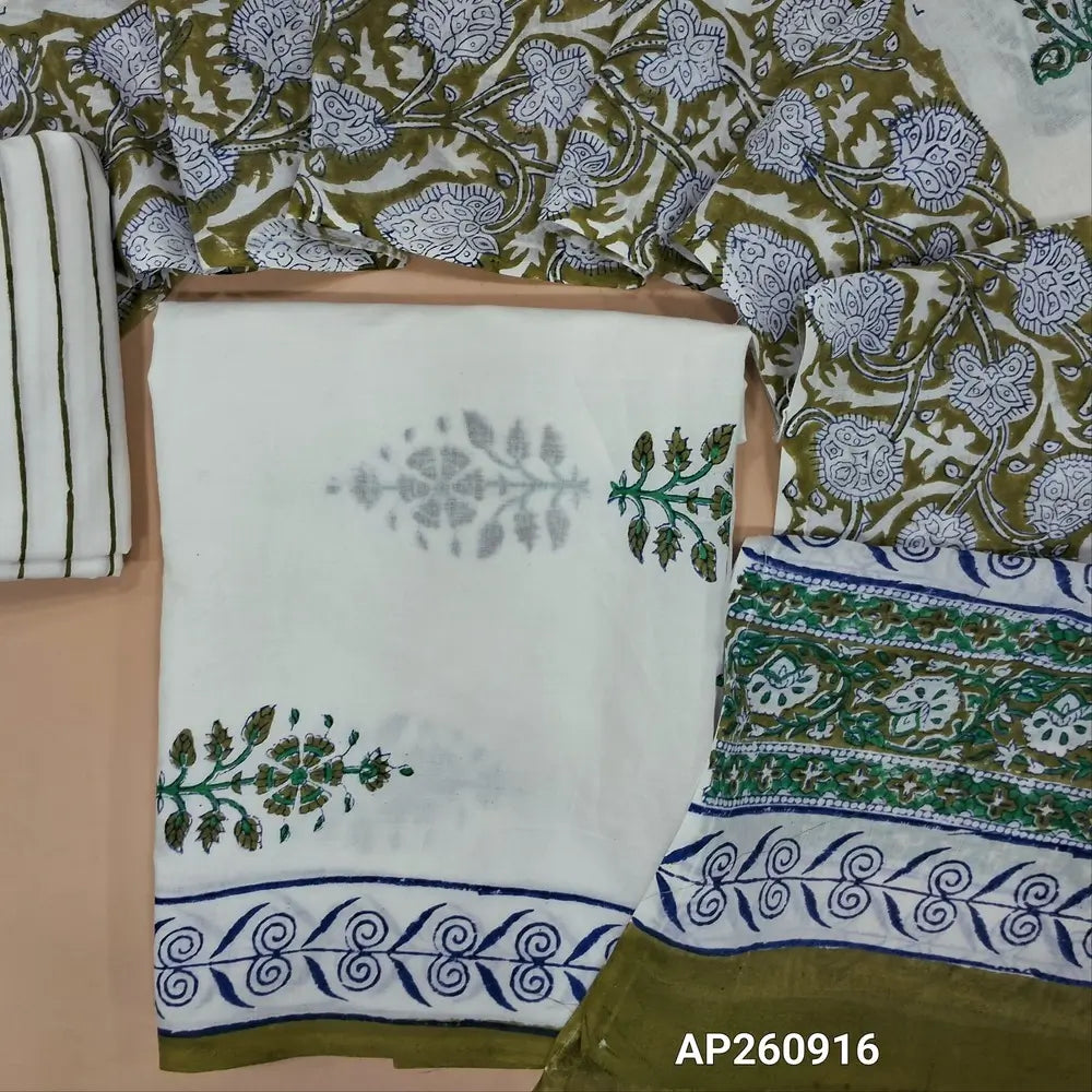 White & olive green hand block printed pure mul cotton unstitched salwar material, (lining needed) handblock printed cotton bottom,block printed full length mul cotton dupatta.(TAPINGS NEEDED, INCONSISTENT PRINTS ARE NOT DEFECTS) AP260916