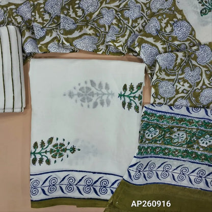 White & olive green hand block printed pure mul cotton unstitched salwar material, (lining needed) handblock printed cotton bottom,block printed full length mul cotton dupatta.(TAPINGS NEEDED, INCONSISTENT PRINTS ARE NOT DEFECTS) AP260916