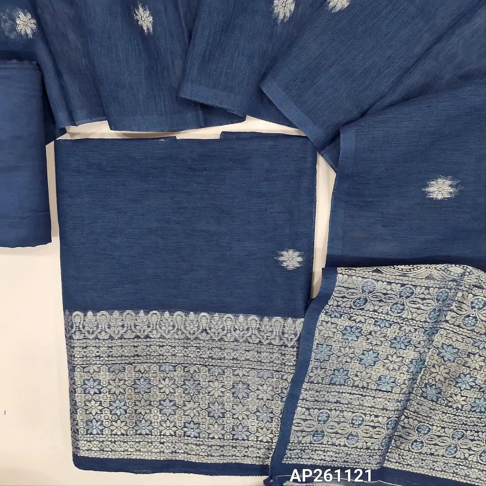 Dark blue premium tussar silk unstitched salwar material, buttas on front,gold and silver zari weaving on daman,(textured, lining needed)santoon bottom,buttas on tussar silk dupatta with gold and silver zari weaving pallu with tassles. AP261121
