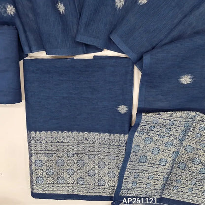 Dark blue premium tussar silk unstitched salwar material, buttas on front,gold and silver zari weaving on daman,(textured, lining needed)santoon bottom,buttas on tussar silk dupatta with gold and silver zari weaving pallu with tassles. AP261121