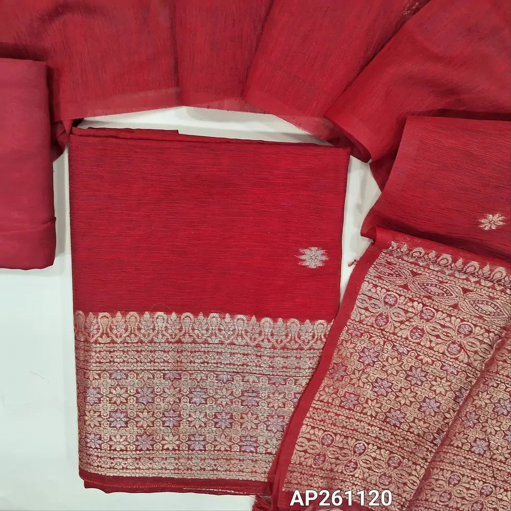 Bright red premium tussar silk unstitched salwar material, buttas on front,gold and silver zari weaving on daman,(textured, lining needed)santoon bottom,buttas on tussar silk dupatta with gold and silver zari weaving pallu with tassles. AP261120