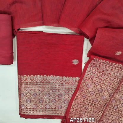 Bright red premium tussar silk unstitched salwar material, buttas on front,gold and silver zari weaving on daman,(textured, lining needed)santoon bottom,buttas on tussar silk dupatta with gold and silver zari weaving pallu with tassles. AP261120
