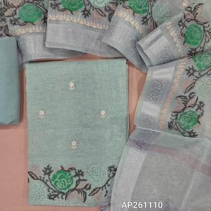 Pastel blue with silver tint premium tissue silk cotton unstitched salwar material,cross stitch on daman(lining needed)spun cotton bottom,embroidered tissue silk cotton dupatta with cross stitch & silver zari borders. AP261110