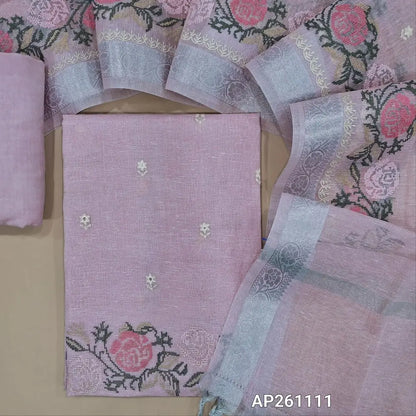 Pastel pink with silver tint premium tissue silk cotton unstitched salwar material,cross stitch on daman(lining needed)spun cotton bottom,embroidered tissue silk cotton dupatta with cross stitch & silver zari borders. AP261111