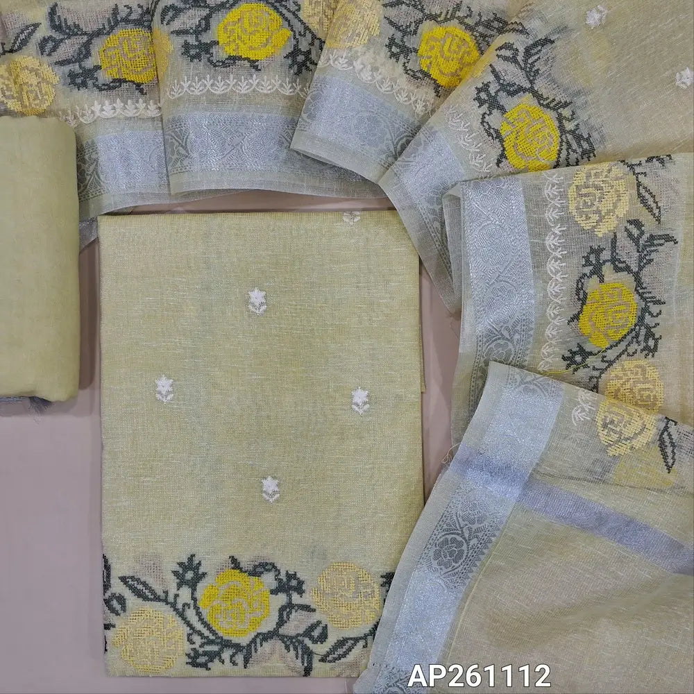 Pastel yellow with silver tint premium tissue silk cotton unstitched salwar material,cross stitch on daman(lining needed)spun cotton bottom,embroidered tissue silk cotton dupatta with cross stitch & silver zari borders. AP261112