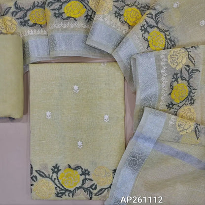 Pastel yellow with silver tint premium tissue silk cotton unstitched salwar material,cross stitch on daman(lining needed)spun cotton bottom,embroidered tissue silk cotton dupatta with cross stitch & silver zari borders. AP261112