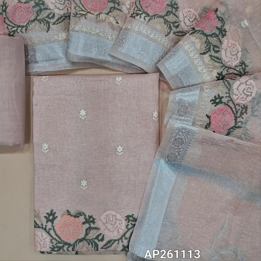Pale pink with silver tint premium tissue silk cotton unstitched salwar material,embroidery on front, cross stitch embroidery daman(lining needed)spun cotton bottom,embroidery on tissue silk cotton dupatta with cross stitch & silver zari borders. AP261113