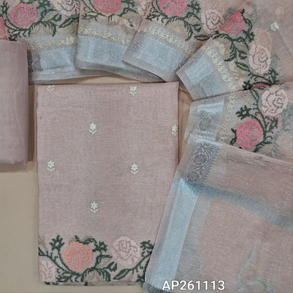Pale pink with silver tint premium tissue silk cotton unstitched salwar material,embroidery on front, cross stitch embroidery daman(lining needed)spun cotton bottom,embroidery on tissue silk cotton dupatta with cross stitch & silver zari borders. AP261113