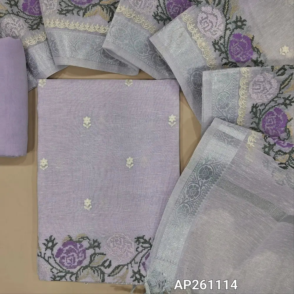 Lavender with silver tint premium tissue silk cotton unstitched salwar material,embroidery on front, cross stitch embroidery daman(lining needed)spun cotton bottom,embroidery on tissue silk cotton dupatta with cross stitch & silver zari borders. AP261114