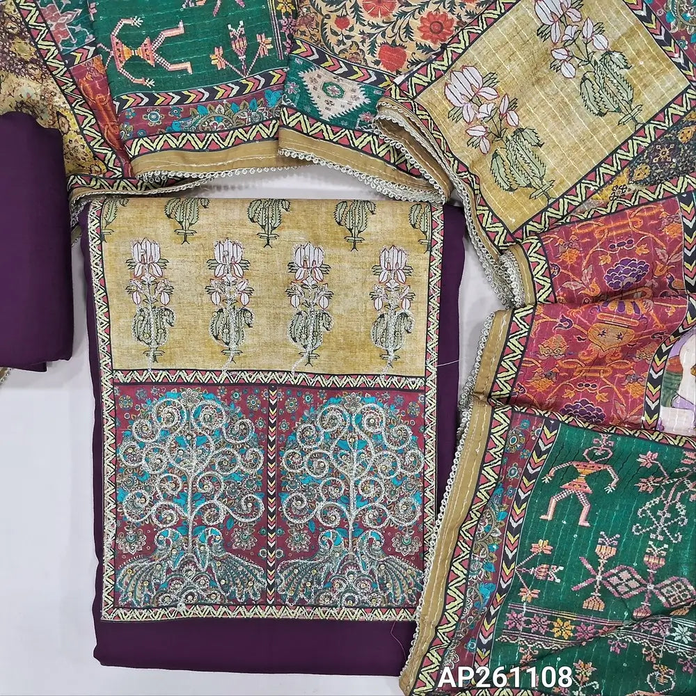 Deep wine purple liquid fabric unstitched salwar material,contrast yoke patch with zari and sequins (Lining optional)liquid fabric bottom,colourful digital printed and sequins work on short width silk cotton dupatta with lace tapping. AP261108