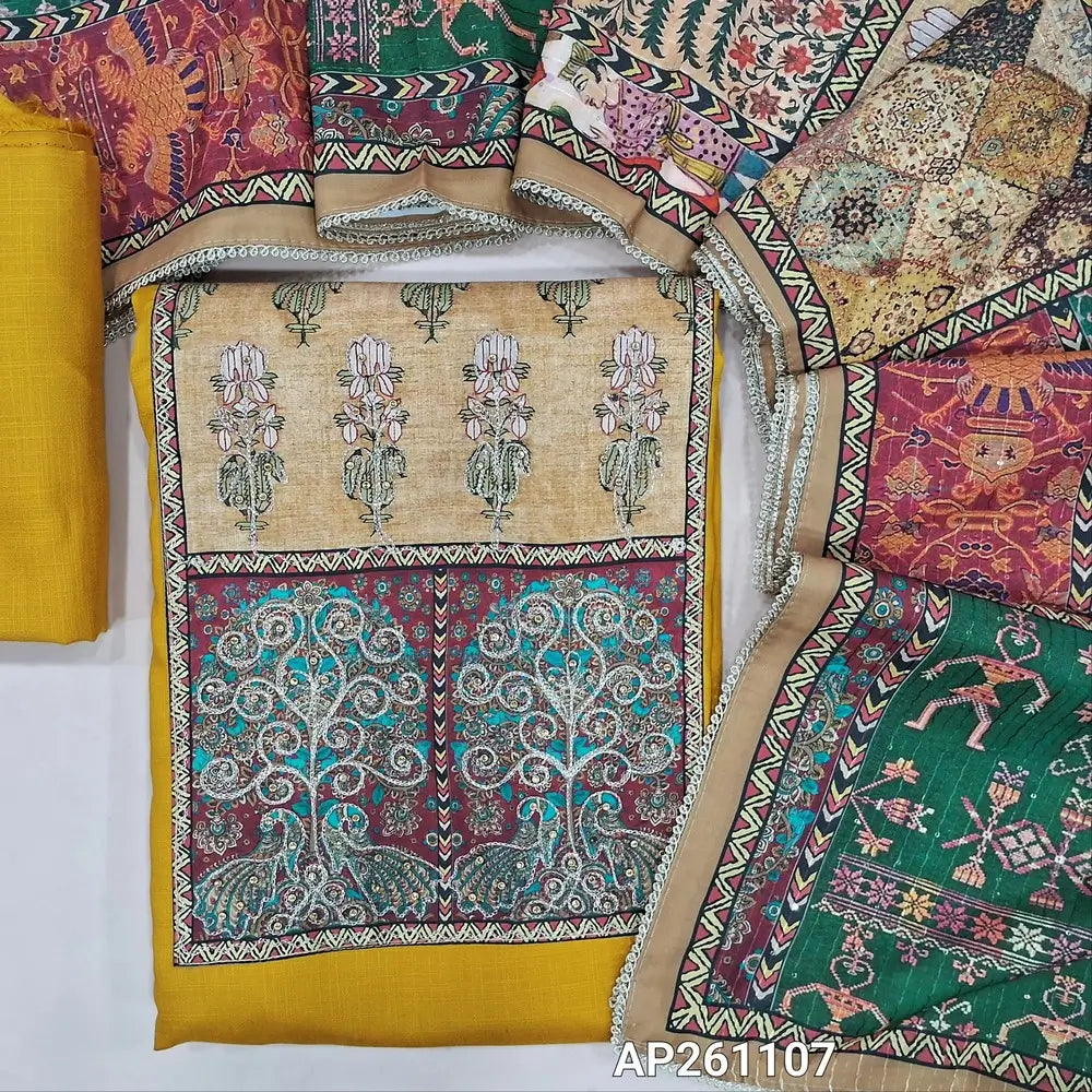 Light mehandhi yellow liquid fabric unstitched salwar material,contrast yoke patch with zari and sequins (Lining optional)liquid fabric bottom,colourful digital printed and sequins work on short width silk cotton dupatta with lace tapping. AP261107