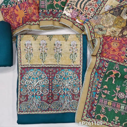 Dark teal blue liquid fabric unstitched salwar material,contrast yoke patch with zari and sequins (Lining optional)liquid fabric bottom,colourful digital printed and sequins work on short width silk cotton dupatta with lace tapping. AP261109