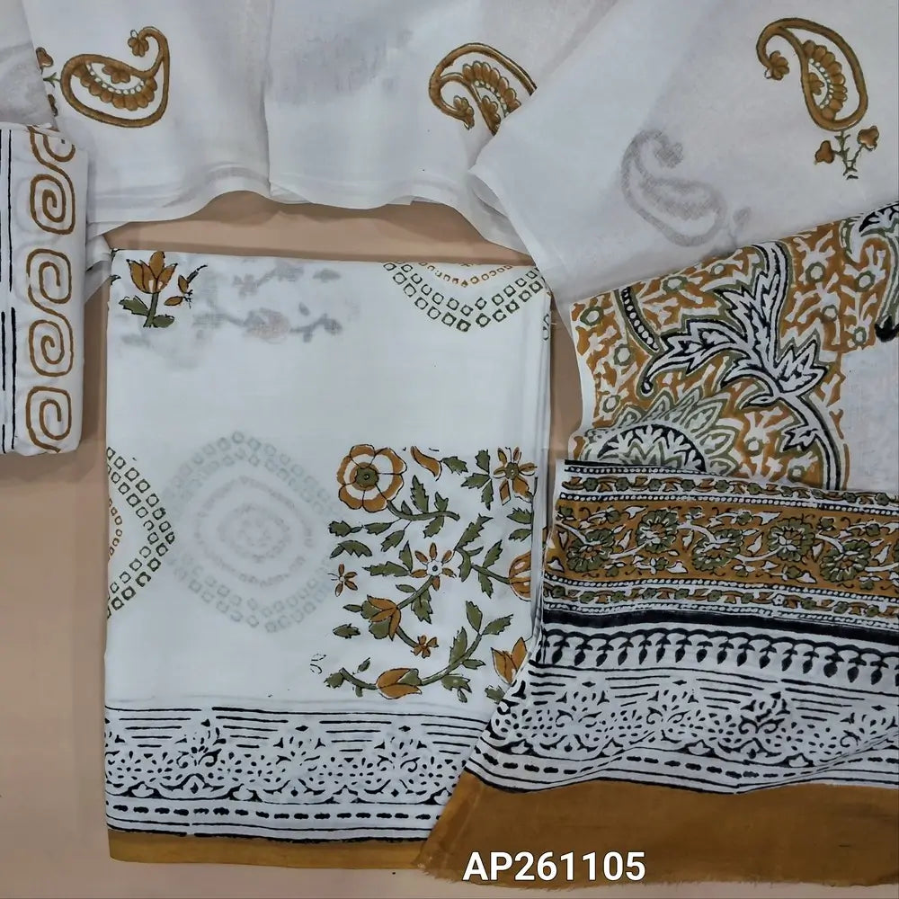 White & beige hand block printed pure mul cotton unstitched salwar material, (lining needed) hand block printed cotton bottom,block printed full length mul cotton dupatta.(TAPINGS NEEDED, INCONSISTENT PRINTS ARE NOT DEFECTS) AP261105
