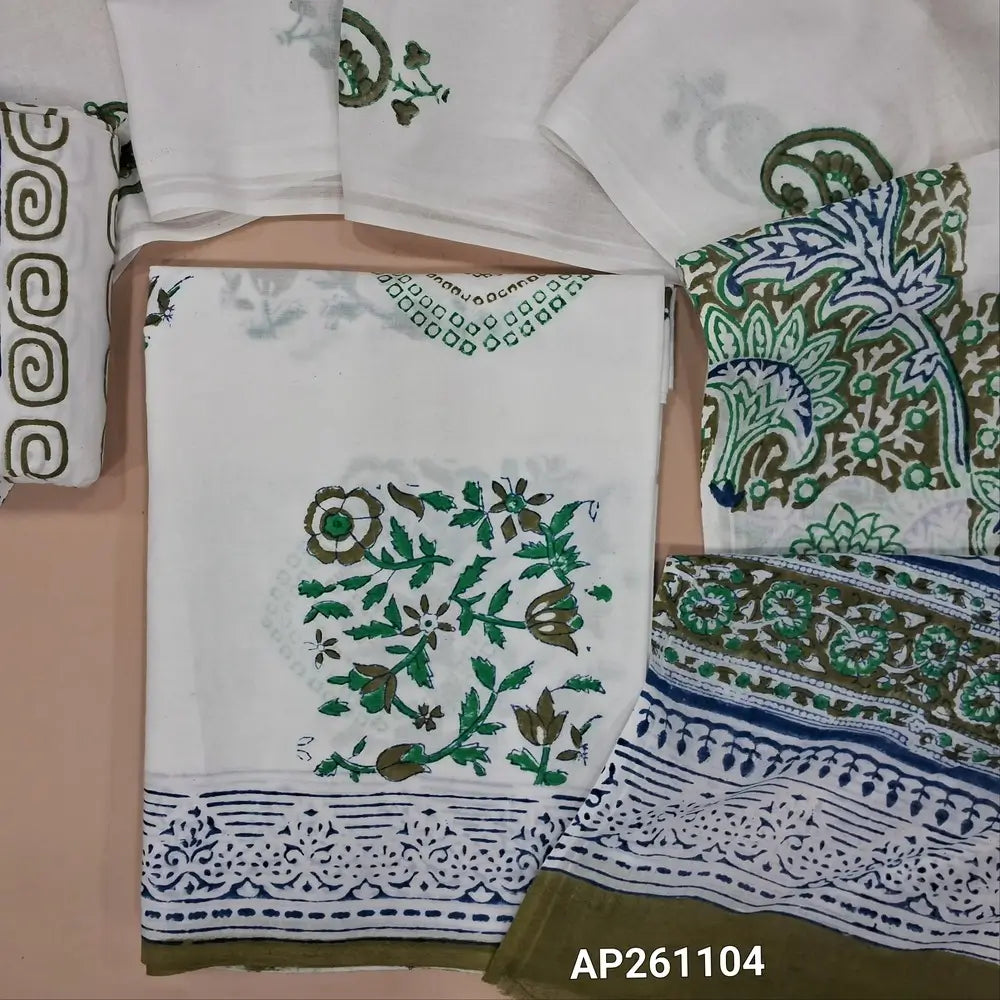White & olive green hand block printed pure mul cotton unstitched salwar material, (lining needed) hand block printed cotton bottom,block printed full length mul cotton dupatta.(TAPINGS NEEDED, INCONSISTENT PRINTS ARE NOT DEFECTS) AP261104