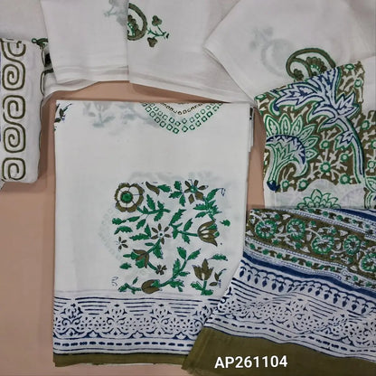 White & olive green hand block printed pure mul cotton unstitched salwar material, (lining needed) hand block printed cotton bottom,block printed full length mul cotton dupatta.(TAPINGS NEEDED, INCONSISTENT PRINTS ARE NOT DEFECTS) AP261104